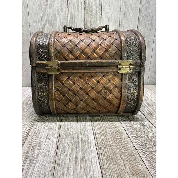 Vintage Jewelry Trinket Treasure Box Wood Wicker Rattan Hinged Lid w/ Top Handle - Picture 3 of 10